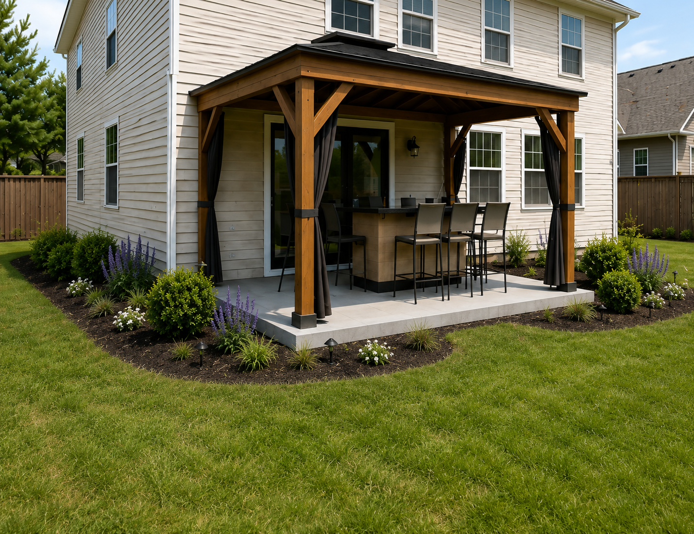 Backyard patio cover with bar area, mulch bed, lawn, and purple and white azaleas