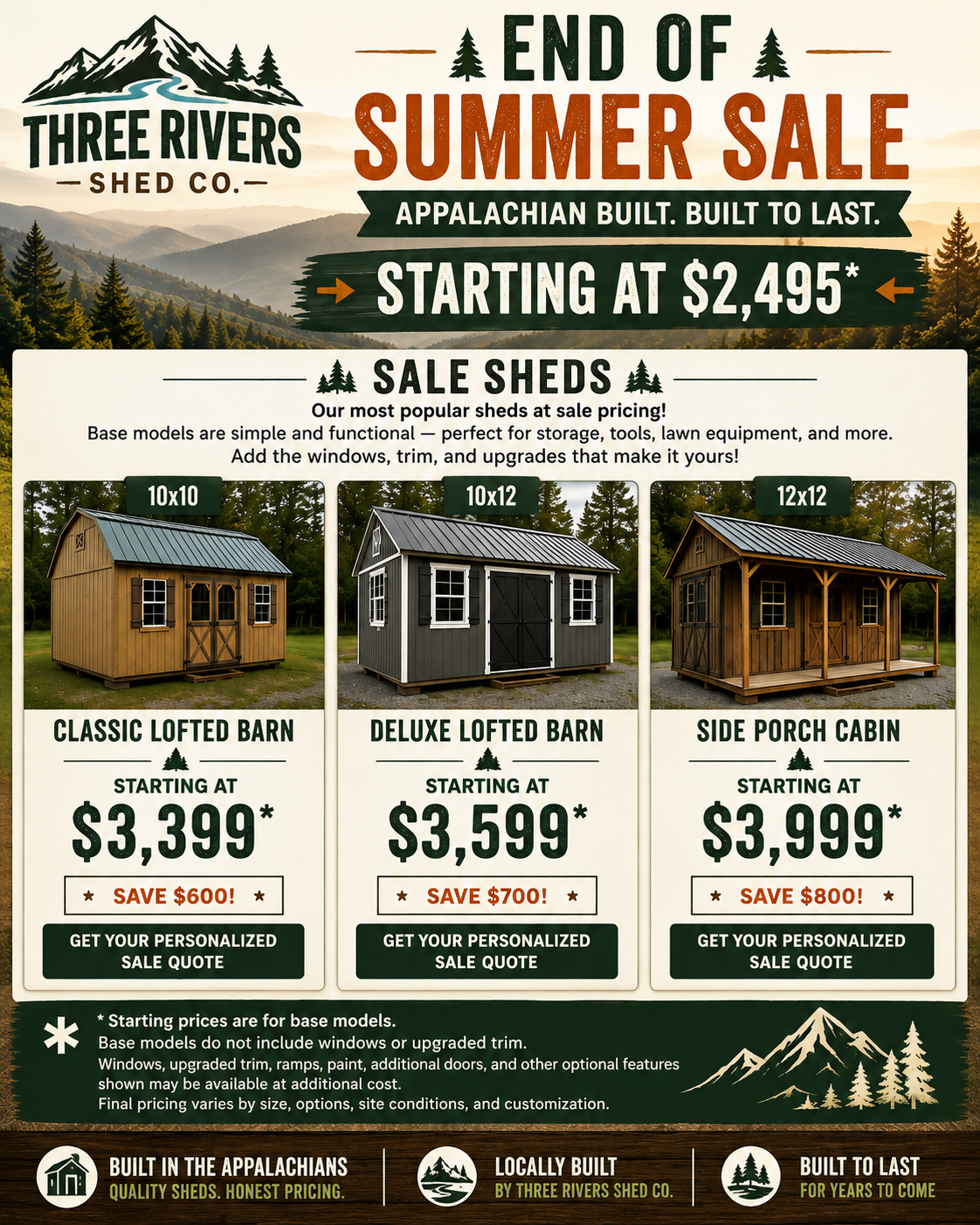 End of Summer Sale featuring 10x10 shed starting at $3,399, 10x12 shed starting at $3,599, and 12x12 shed starting at $3,999. Optional features cost extra.