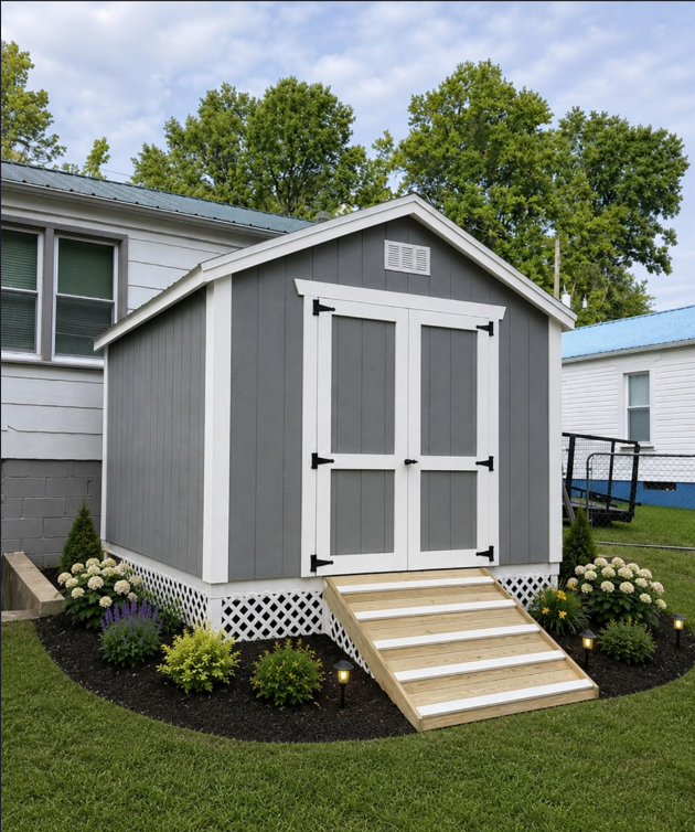 Gray and white gable shed with double doors, ramp, and landscaping
